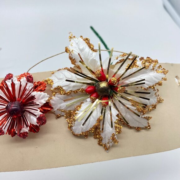 Vintage Christmas Decorative Picks Gold Birds Glittered Flowers Japan Set Of 5 - Picture 7 of 11